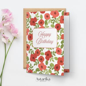 Poppy Birthday Card in English, August Birth Flowers Design, DIY Floral Greeting, Gift Idea, Printable, Minimalist Style, Pretty Florist