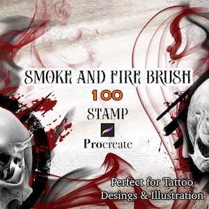 May include: Digital artwork with skulls, red smoke, and the text "Smoke and Fire Brush 100 Stamp Procreate". The design is suitable for tattoo designs and illustrations.
