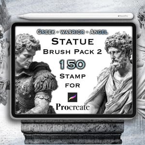 以下が含まれることがあります： デジタルアート製品の広告。画像には、Procreate用の150個のスタンプを備えた「Statue Brush Pack 2」が表示されたタブレットが表示されています。ギリシャの彫像の胸像と白いスタイラスも表示されています。