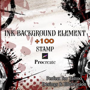 Könnte beinhalten: Tinten-Hintergrundelement für Procreate mit über 100 Stempeln. Das Bild zeigt einen Schädel mit Kopfhörern, rote und schwarze Tintenspritzer und den Text "INK BACKGROUND ELEMENT +100 STAMP Procreate Perfect for Tattoo Desings & Illustration"