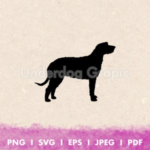 Könnte beinhalten: Schwarze Silhouette eines Irischen Wolfshundes, der auf einem hellbraunen Hintergrund steht. Der Hund blickt nach rechts und hat einen langen, fließenden Schwanz.