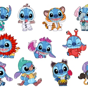 Può includere: Una collezione di illustrazioni di personaggi dei cartoni animati. Il personaggio blu è raffigurato in vari costumi, tra cui una tigre, un leone, un elefante e un granchio. Le illustrazioni sono colorate e giocose, adatte ai prodotti per bambini.