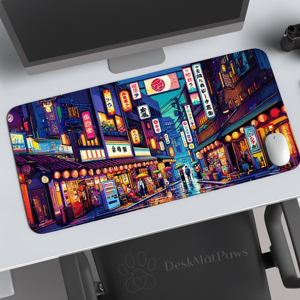 Aesthetic Japanese Street Pixel Art Desk Mat, Gaming Large Mouse Pad, Extended Mouse Pad, Art Desk Mat