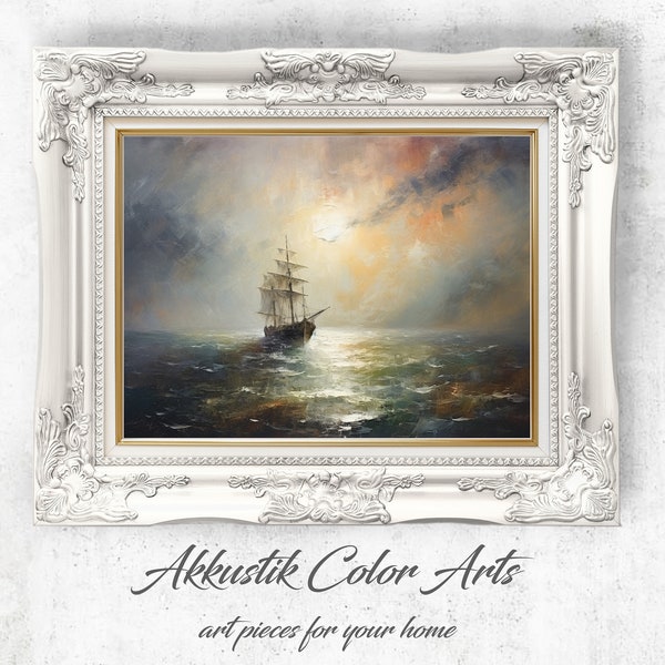Printable Night Ship Print, Vintage Art Décor, Vintage Ocean Painting, Printable Digital Download