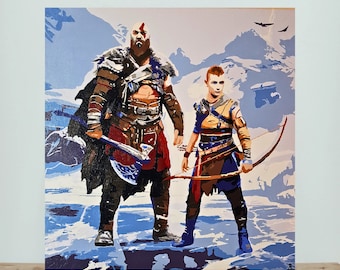 Peinture originale God of War sur toile, art mural Kratos, peinture acrylique faite main pour les joueurs, art du jeu vidéo