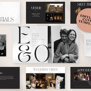 May include: A set of wedding templates with a minimalist design. The templates include text such as "Venue", "Meet the Girls", and "Wedding Vibes". The color scheme is mainly black and white with beige and peach accents.