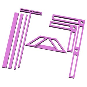 May include: A set of pink woodworking tools, including a T-ruler, a miter square, and a set of four straight rulers.