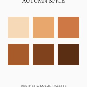 May include: Aesthetic color palette titled "Autumn Spice" featuring six square color swatches in shades of beige, tan, and brown. The text "Aesthetic Color Palette" is below the color swatches.