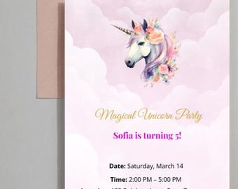 Invitación de cumpleaños de unicornio en acuarela pastel • Plantilla editable de Canva
