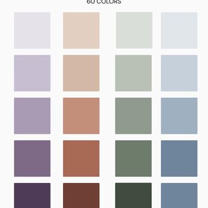 Peut inclure: Un ensemble de palettes de couleurs avec 60 couleurs affichées dans une grille. La palette comprend une variété de tons sourds, notamment des nuances de lavande, de pêche, de vert et de bleu. Le texte "COLOR PALETTE BUNDLE" et "60 COLORS" est en haut.