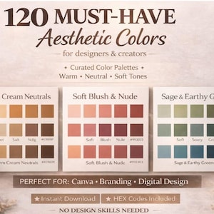 Paquete de paletas de colores estéticas definitivas / 120 colores seleccionados / Paletas de colores Canva / Diseño de marca, Instagram, sitios web y digital