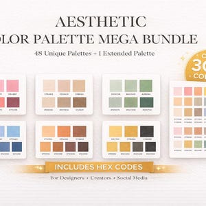 Pacote Completo de Paleta de Cores Estéticas | Mais de 300 Cores | Códigos Hexadecimais Inclusos | Paleta de Cores para Canva | Kit de Identidade Visual | Cores para Redes Sociais