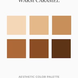 May include: Aesthetic color palette featuring six square color swatches in warm caramel tones, ranging from light beige to deep brown. The text "WARM CARAMEL" and "AESTHETIC COLOR PALETTE" are displayed in a minimalist font.