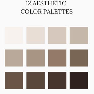 Op de afbeelding: Een afbeelding met 12 esthetische kleurenpaletten in een raster. De paletten variëren van lichtbeige tot donkerbruin. De tekst "12 ESTHETISCHE KLEURENPALETTEN" en "ESTHETISCHE KLEURENPALET" is in zwarte letters weergegeven.