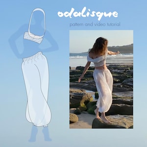 Puede incluir: Un patrón de pantalón blanco ancho y transparente con una blusa blanca. El patrón se muestra sobre un fondo blanco con la palabra "odalisque" y el texto "patrón y tutorial en video".