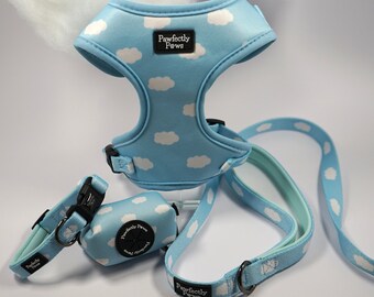 Hunde-Set | Wolken-Design | blau, weiß | Boho | kleine große Hunde | Hundegeschenk | Hundegeschirr | Halsband | Leine | Kotbeutelspender