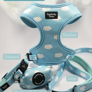 Hundeleine Wolken-Design blau, weiß Boho kleine bis große Hunde Hundegeschenk Set bequem weich stabil Neopren 1.5 m Bild 6