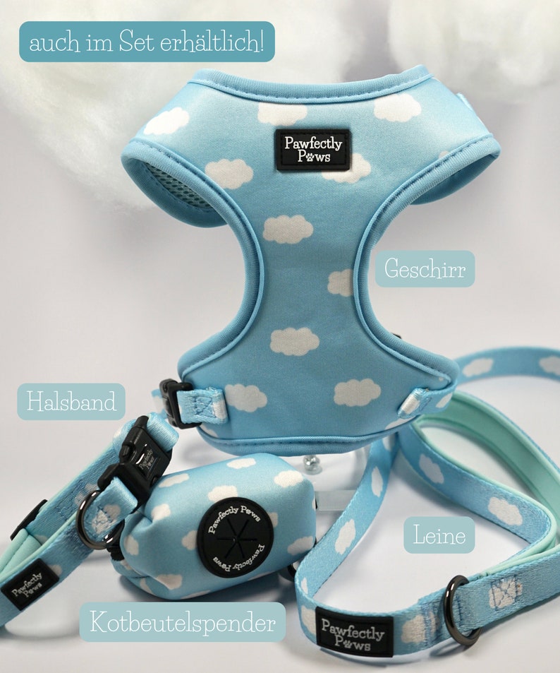 Hundeleine Wolken-Design blau, weiß Boho kleine bis große Hunde Hundegeschenk Set bequem weich stabil Neopren 1.5 m Bild 4