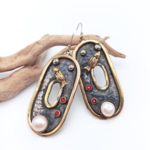 Boho Pearl Earrings Dangle Bird Large Hoops Silver Unique gift for her