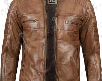Chaqueta Cafe Racer de cuero marrón claro para hombre, hecha a mano - Chaqueta de motociclista desgastada -