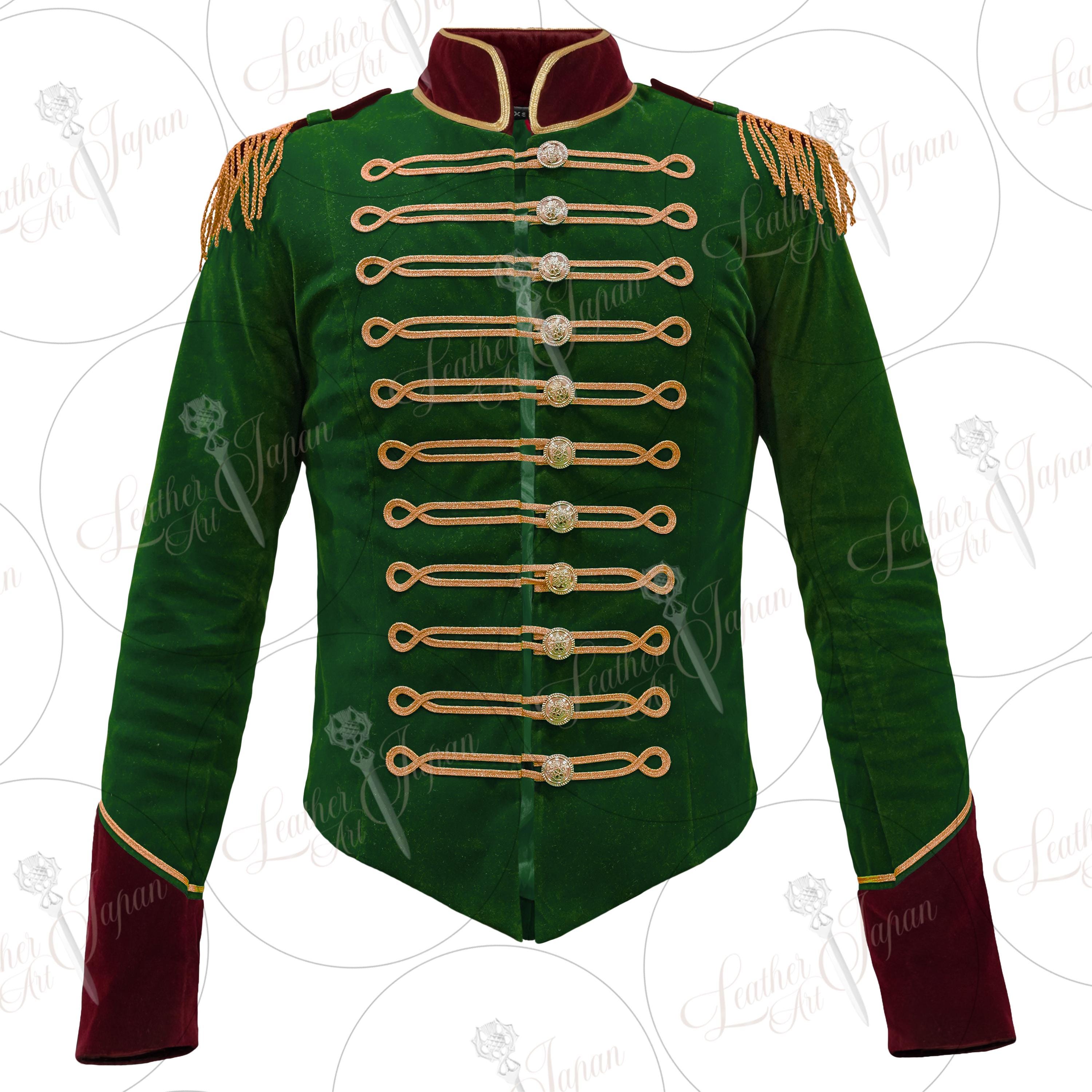 Women's Green Velvet Military Jacket with Gold Epaulettes