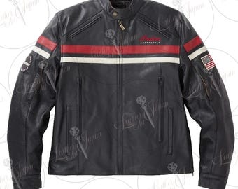 Chaqueta de cuero negra para hombre de Indian Motorcycle - Rayas de carreras rojas y blancas