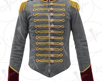 Women&#39;s Grey Velvet Military Jacket with Gold Epaulettes
