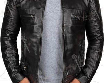 Vintage Black Leather Racer Jacket: Men's Slim Fit Biker Jacket