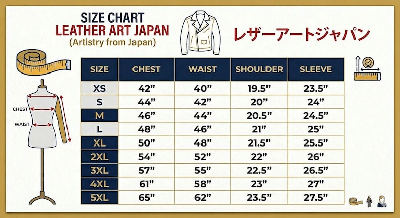 Puede incluir: Tabla de tallas para chaquetas Leather Art Japan, con medidas en pulgadas. Incluye dimensiones de pecho, cintura, hombros y mangas para tallas XS a 5XL. Presenta un diagrama de una chaqueta y una cinta m&eacute;trica.