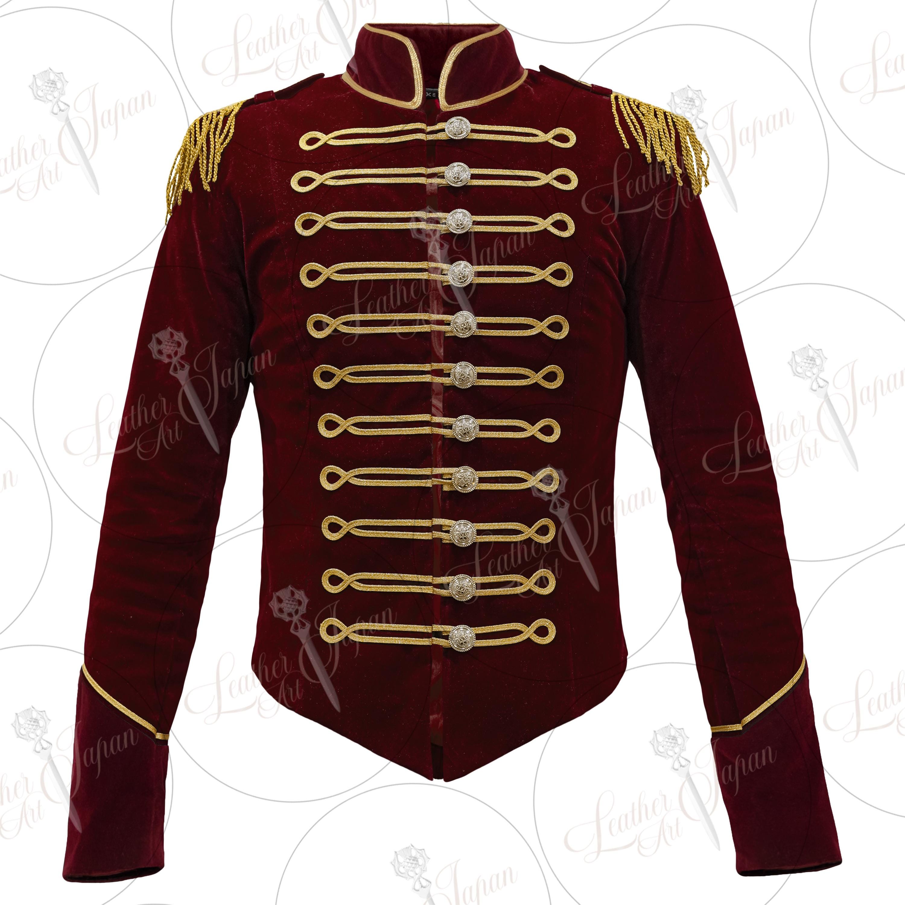 Burgundy Velvet Military Jacket: Gold Epaulettes, Uniform