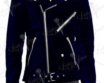 Men Navy Blue Velvet Biker Gothic Classic Steampunk Designer Motorcycle Jacket