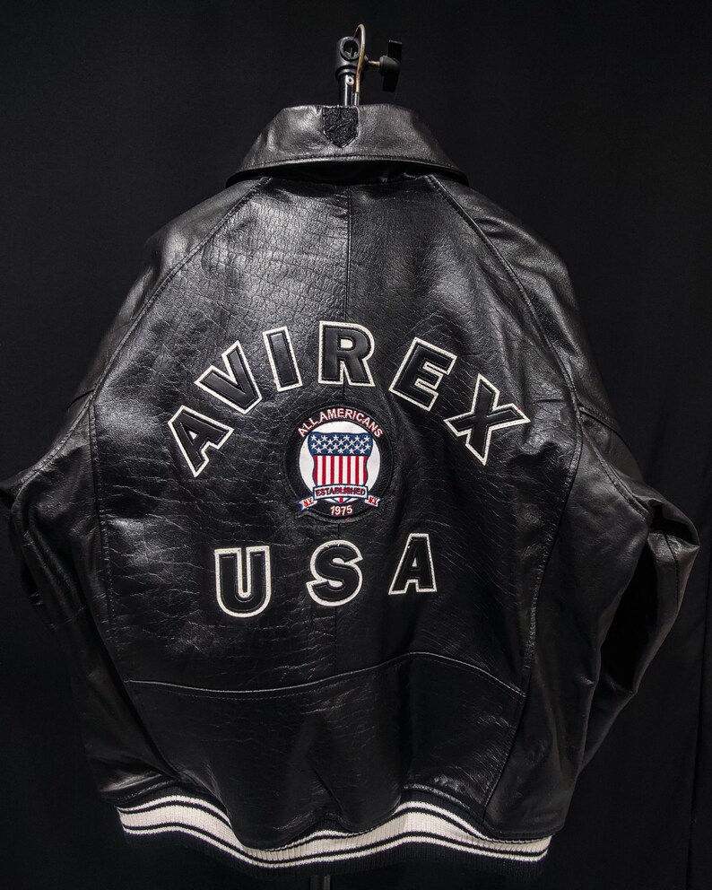 Avirex Established 1975 Black Leather Varsity Jacket – Striped Ribbed Trim Zip Up Bomber Jacket image 2