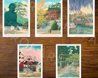 Lots de 5 cartes postales vintage de Tokyo, impressions de temple sanctuaire, cartes postales 4 x 6, estampes Hasui Kawase, art vintage japonais, grand Bouddha de Kamakura