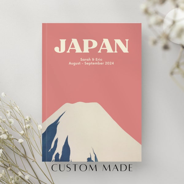 Custom Japan travel journal, personalised eki stamp notebook, travel gift for anniversary, engagement, honeymoon, Kamisaka Sekka Mt. Fuji