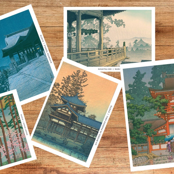 Kyoto Nara postcard sets of 5, shrine temple prints, 4x6 post cards, Japanese art for download, printable postcards, Japanese vintage art