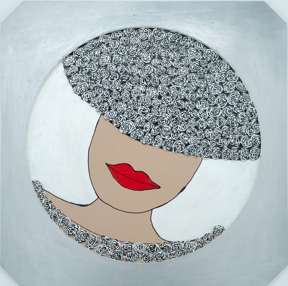 Handmade Woman Portrait on Wood, Pebble Art, Wall Decor,  Handcraft Stone Painting, Rock Art, Beach Pebbles Artwork, Coastal Home Decor
