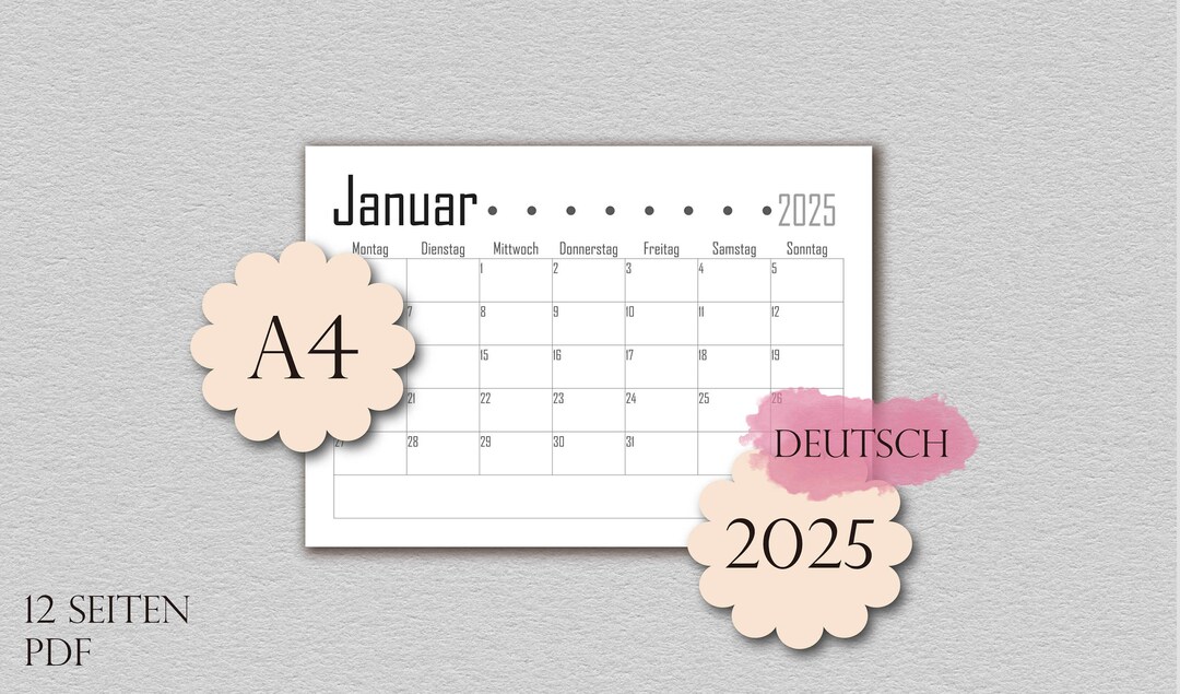  A4 Monthly Calendar 2025 PDF Digital Download, German - Etsy UK 
