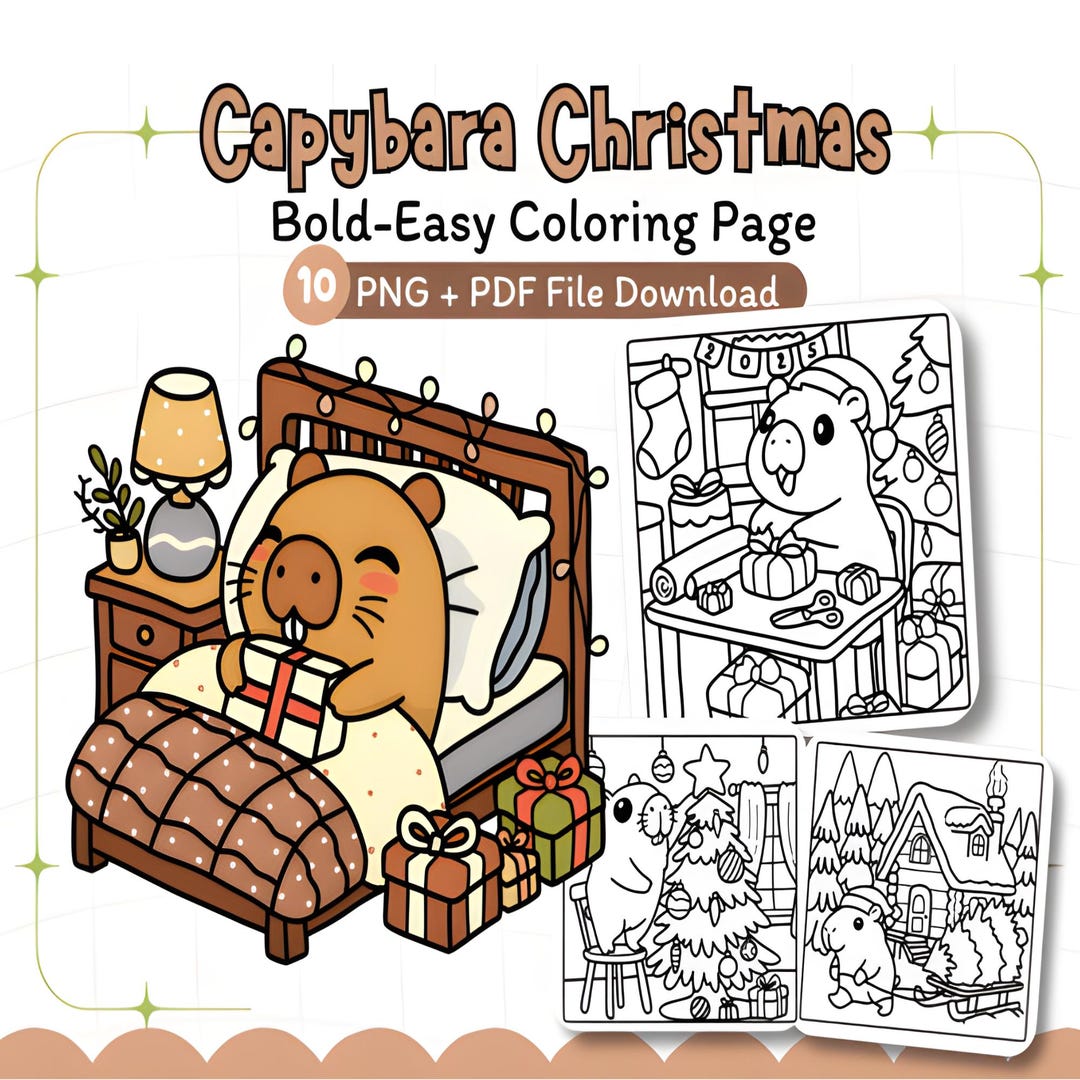 Capybara Christmas Coloring Pages, Coloring Page for Kids, Printable ...