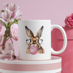 Divertido chicle conejito taza regalo compañero de trabajo rosa y2k amante del conejo taza de café lindo niños taza de té día de las madres regalo retro mejor amigo acuarela