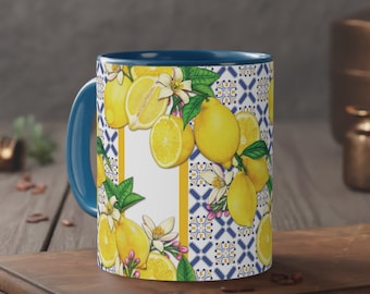 Lemon greek ornaments blue Mediterranean retro watercolor mug 90s wellness girl gift mothers day y2k birthday summer citrus fruits vintage