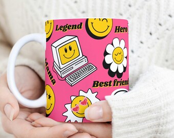 Best Mom ever mug Retro flower smile coffee mug 90s style flower mug gift happy mom flower lover grandmother tea cup y2k office mug pink