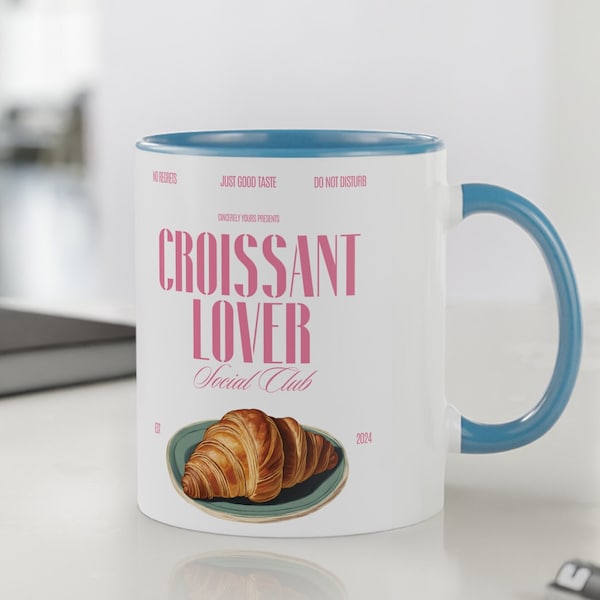 Croissant lover social club two tone coffee mug breakfast lover gift mothers day old money style 90s pink aesthetic y2k food funny mug girl