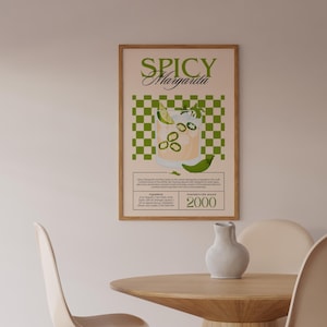 Impresión artística de margarita picante, póster de cóctel, decoración de carrito de bar, letrero de bebida de firma vintage, arte de pared moderno, póster digital retro minimalista de chile
