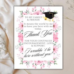 Custom Graduation Thank You Sign Family Friends Favor Table Sign Printable Floral Grad Party Decoration Instant Download Graduation Decor