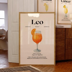 Póster de cóctel del zodiaco con estampado de Leo, regalo divertido, impresión digital, descarga, arte de pared de moda, impresión del signo zodiacal, decoración de pared de los años 70, arte imprimible del aura, bricolaje
