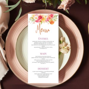Modello di menu di agrumi, modificabile su tela, motivo floreale arancione, per matrimonio, addio al nubilato, menu di ricevimento stampabile fai da te.