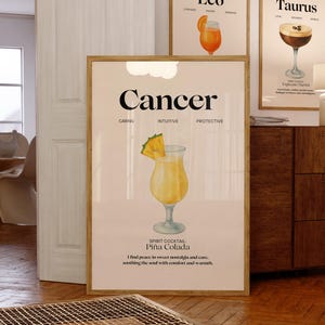Póster de cóctel del zodiaco con impresión de cáncer, regalo divertido, impresión digital, descarga, arte de pared de moda, impresión del signo zodiacal, decoración de pared de los años 70, arte imprimible del aura, bricolaje