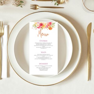 Modèle de carte de menu d'agrumes modifiable sur Canva, orange, floral, pour mariage, enterrement de vie de jeune fille, imprimable, menu de réception, DIY