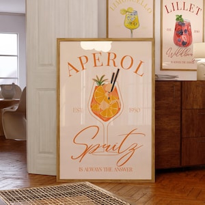 Póster de cóctel Aperol Spritz con impresión artística, decoración para carrito de coche, cartel vintage con bebida exclusiva, arte de pared moderno, póster digital minimalista retro de Aperol