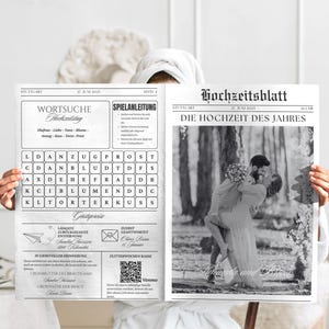 May include: A black and white newspaper-style wedding announcement with a photo of a couple in a forest. The headline reads "The Wedding of the Year".